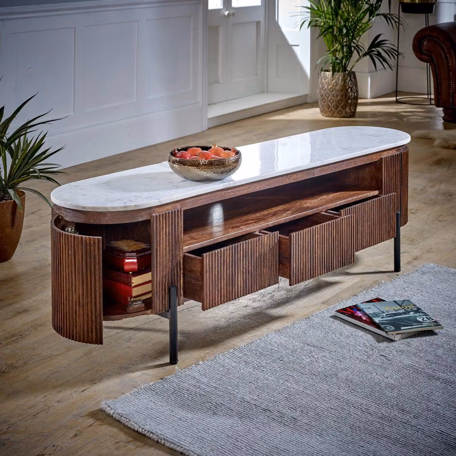 IH Design Tilden Large Mango Wood TV Stand with Marble Top and Metal Legs in White W/D/H: 170 x 40 x 50 cm – 2
