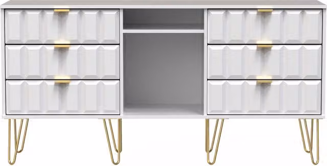 2 U Metro 6 Drawer Sideboard in White and Gold, Ready Assembled Modern Metal Geometric Design