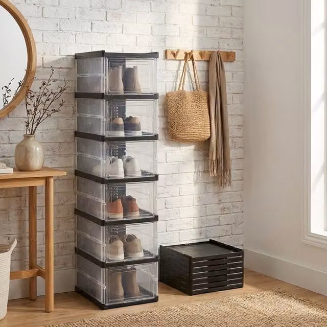 Livingandhome 9-Tier Foldable Shoe Storage Cabinet with Glass Doors and Tilting Compartments, Black, Width: 105.5 cm