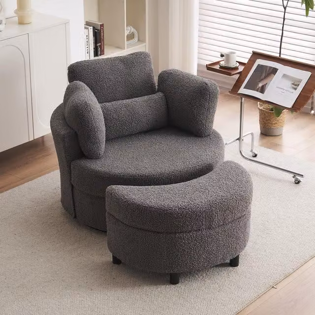 Aosom Teddy 360 Swivel Armchair with 3 Back Cushions and Crescent Ottoman Stool in Medium Grey Bouclé Fabric, W/D/H: 105 x 107 x 82 cm
