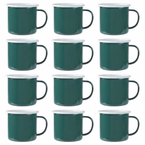 Argon Tableware Enamel Mugs, Green, Set of 12, 375ml – 1