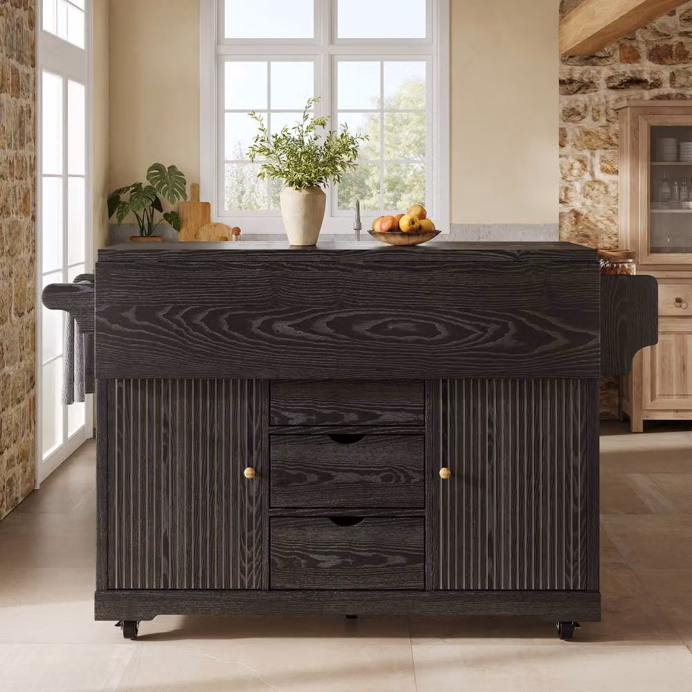 Merax Fluted Drop Leaf Kitchen Island Mobile Storage Trolley Cabinet in Black, W/D/H: 142.5 x 40.0 x 95.0 cm – 3