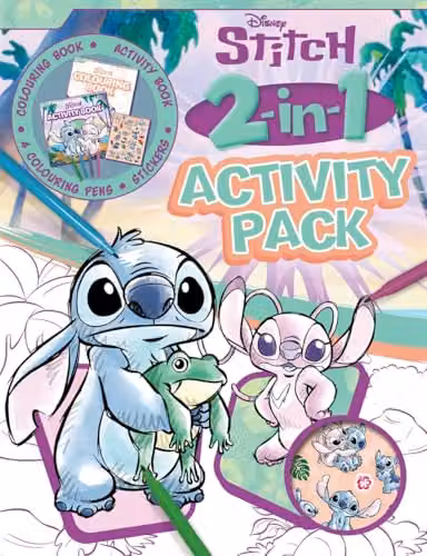 Disney Stitch 2-in-1 Activity Pack with Colouring Book, Activity Book, 4 Colouring Pens and Stickers, Multicolour
