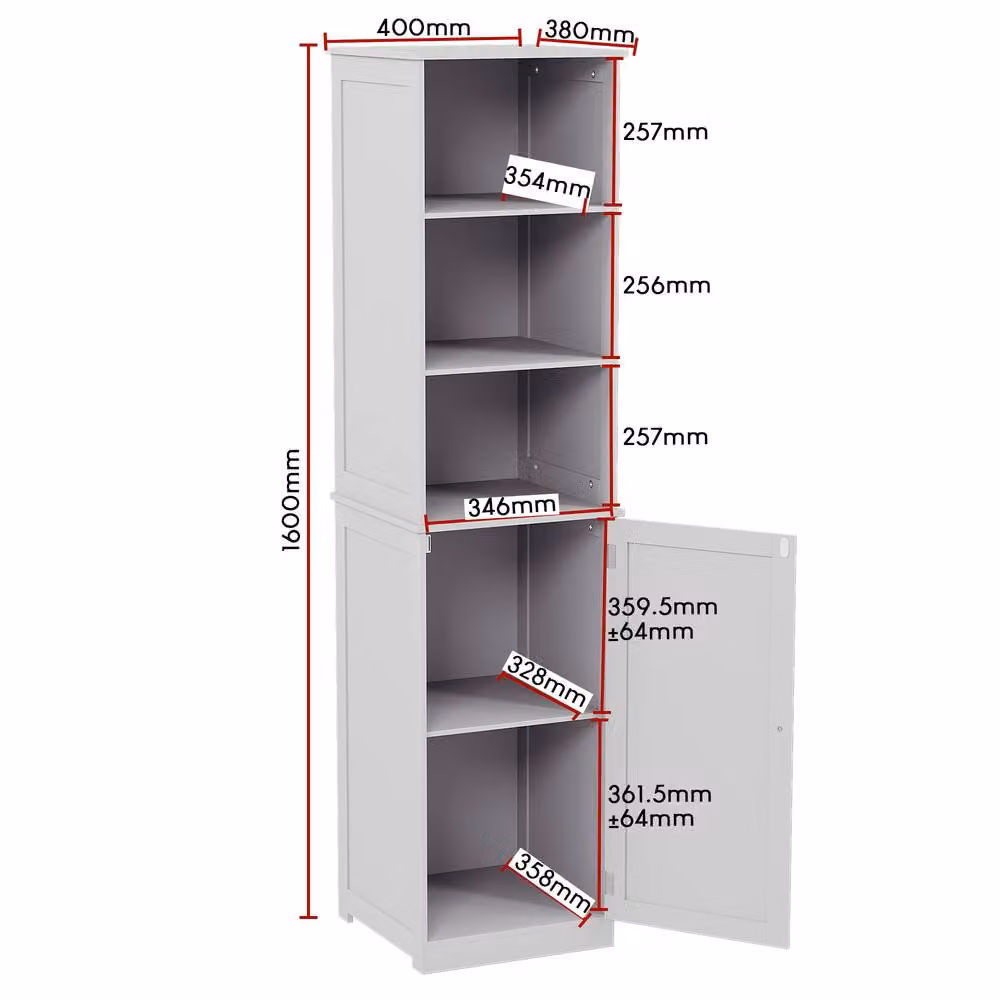 HD Designs Priano Tall Storage Cabinet in White with 3 Open Shelves and 2-Tier Hinged Door Storage – 2