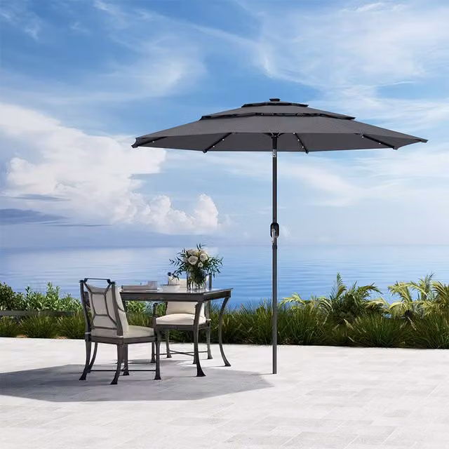 Komore Modern 3-Tier Outdoor Garden Parasol with Solar Lights in Grey