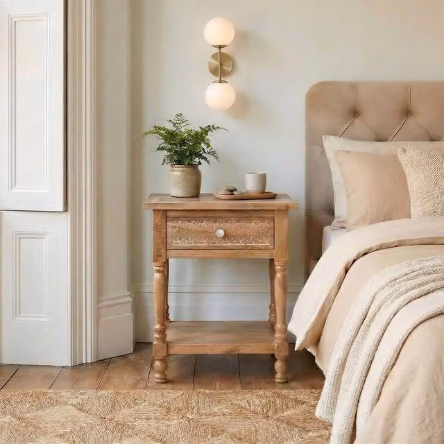 FurnitureboxUK Lima 1 Drawer Carved Bedside Table in Light Brown Mango and Oak Wood
