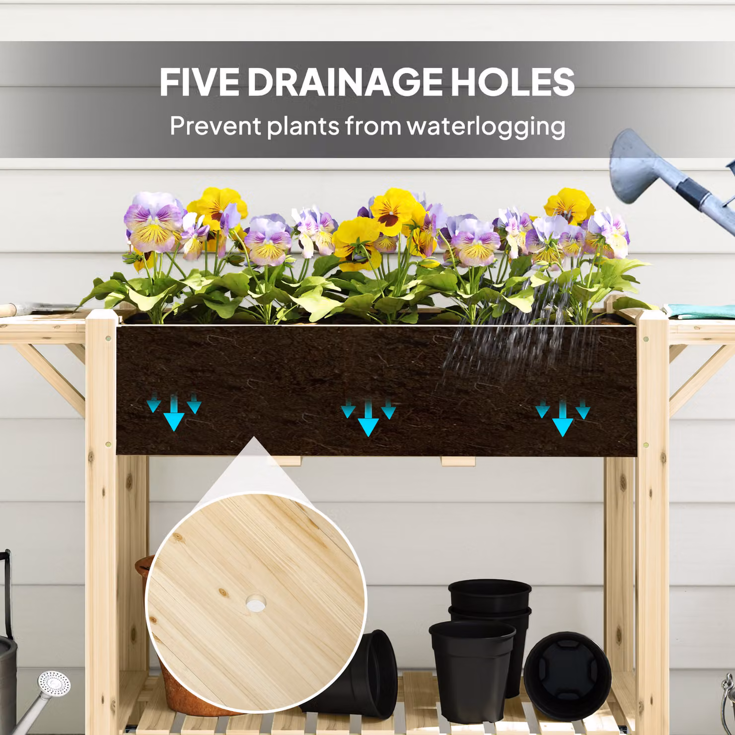 Outsunny Wooden Raised Garden Bed with Lockable Wheels, Side Tables and Bottom Shelf, Brown – 6