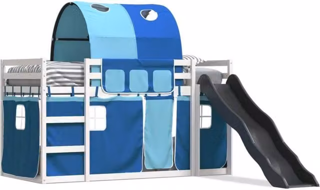Berkfield Home Childrens Bunk Bed with Slide and Curtains in Blue, Solid Pine Wood, W/D/H: 90 x 200 cm