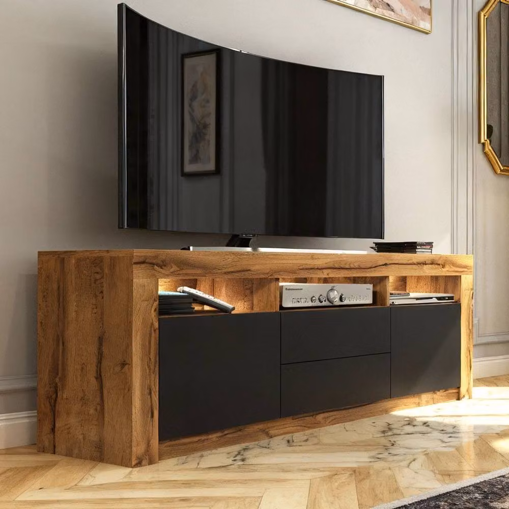 FORGEVIO Modern Wood TV Unit and Sideboard Cabinet in Brown and Black with Integrated Lighting – 5