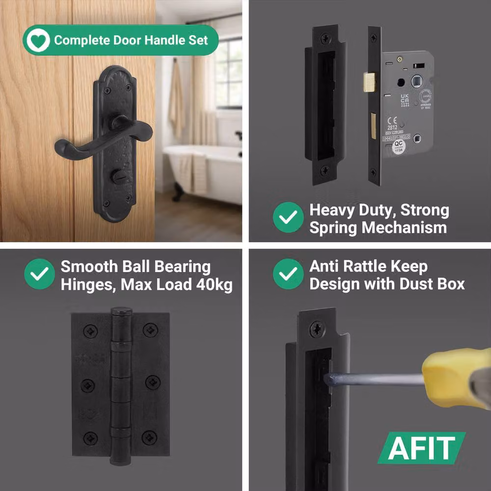 AFIT Black Antique Cast Iron Door Handles with Bathroom Lock and 64mm Hinges, W/D/H: 15 x 15 x 1.5 cm – 4