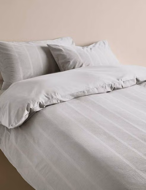 M&S Pure Cotton Striped Seersucker Duvet Cover, Beige and Grey, W: 140 cm, L: 200 cm