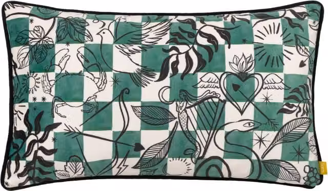 Furn Mythos Green and White Checked Velvet Rectangular Cushion W/H: 50 x 30 cm