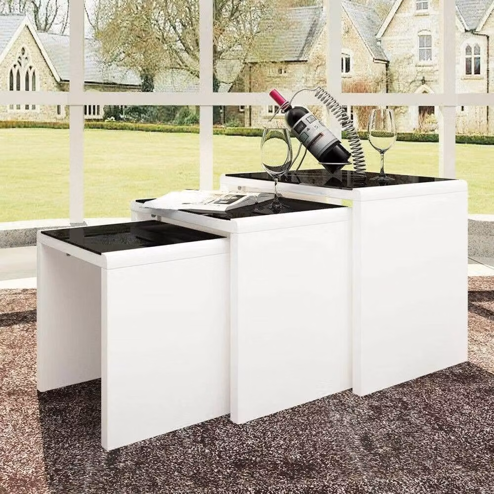 Pawnora Nest of 3 Square Coffee Tables with Glossy Black Glass Tops and White Legs – 5