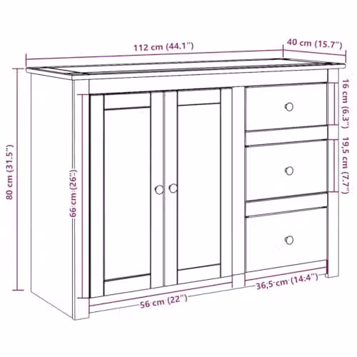 vidaXL PANAMA Sideboard with Drawers in Brown Solid Pine Wood, W/D/H: 112 x 40 x 80 cm – 2