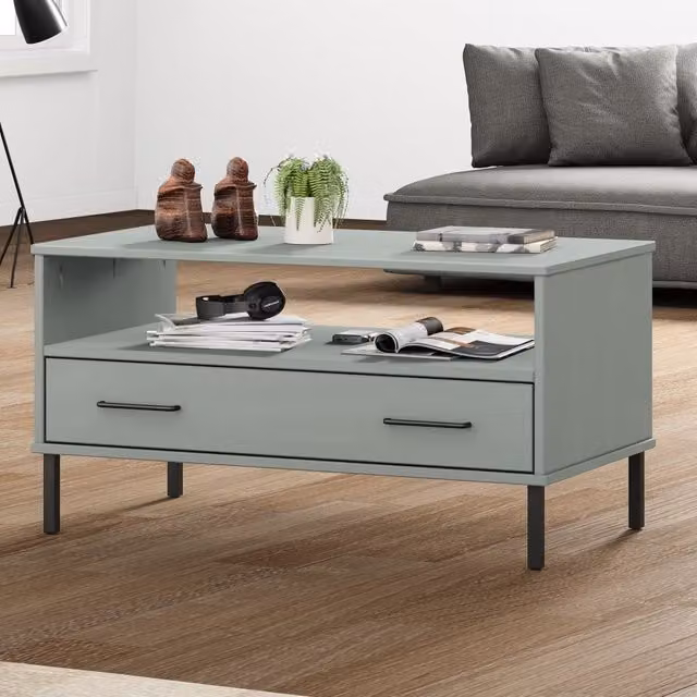 Berkfield Home Oslo Solid Wood Coffee Table in Grey with Metal Legs W: 85 cm, D: 50 cm, H: 45 cm – 1