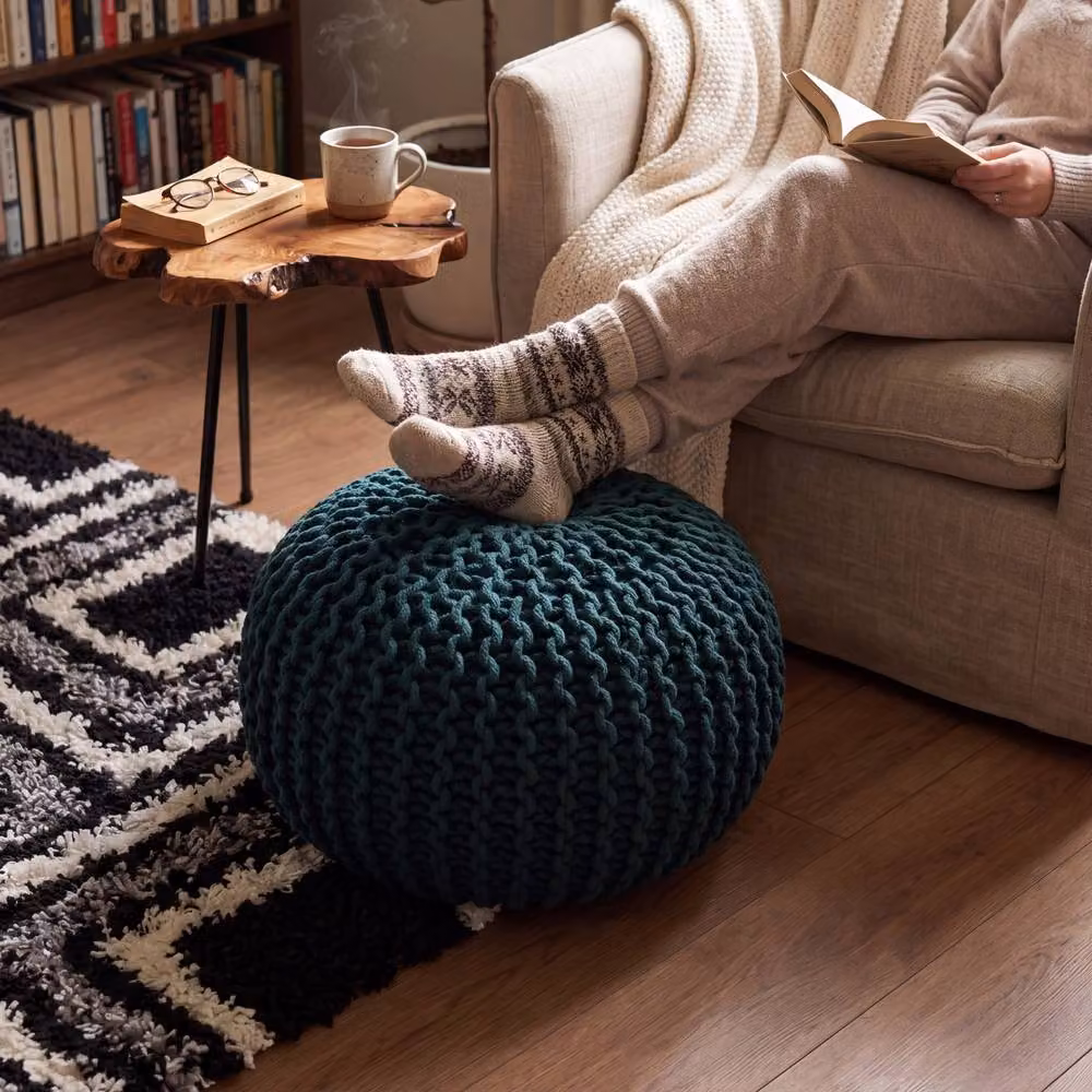 Bravich LTD Chunky Knitted Cotton Pouffe Footstool in Dark Green, Diameter: 50 cm – 2