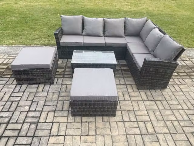 Fimous Wicker PE Outdoor Garden Furniture Set with High Back Rattan Corner Sofa, Rectangular Coffee Table and 2 Ottomans in Dark Grey