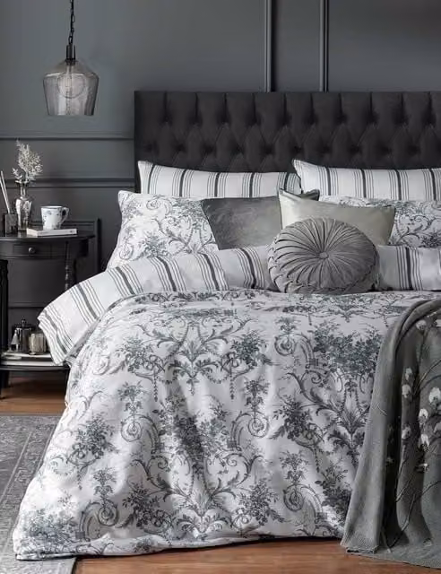 Laura Ashley Tuileries 2 Pack Pure Cotton Floral Pillowcases in Charcoal Grey