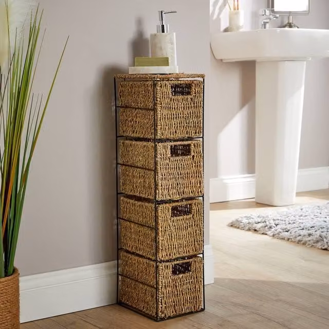 Home Source Slim Brown Wicker Storage Unit with 4 Rattan Basket Drawers