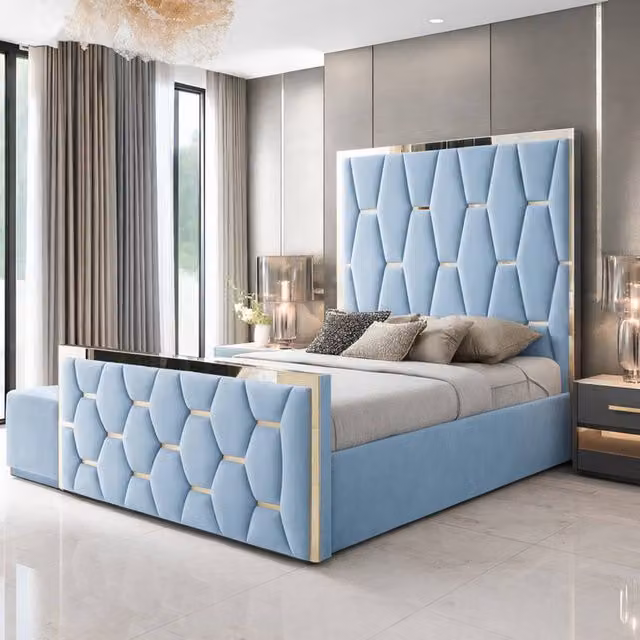 Paradise Beds Ltd Modern Upholstered Platform Bed Frame with Mirror Designed Headboard in Blue, Size: Double (140 x 200 cm)