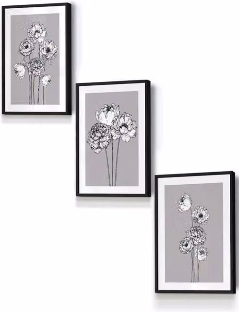 ARTZE Sketch Art Peonies Floral Framed Wall Art in Black and Grey, W: 33 cm, H: 45 cm, D: 2 cm