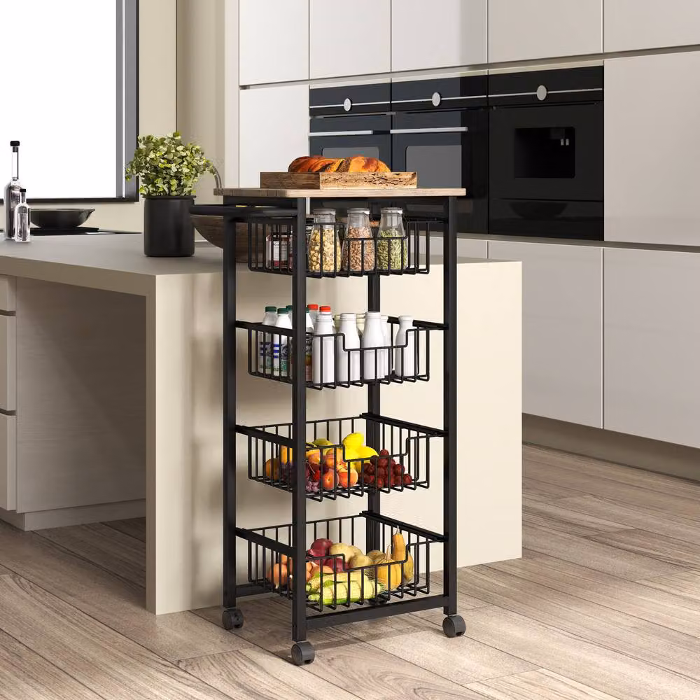STILVORA Industrial Kitchen Trolley with 4 Baskets and Wheels in Light Oak and Black – 3