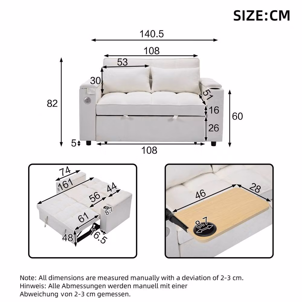 STILVORA Beige Fabric Click-Clack Sofa Bed with USB Charging and Cup Holder, 140 x 190 cm – 2