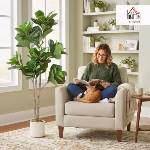 HOMCOM 180cm Artificial Fiddle Leaf Fig Tree in Green and White – 2
