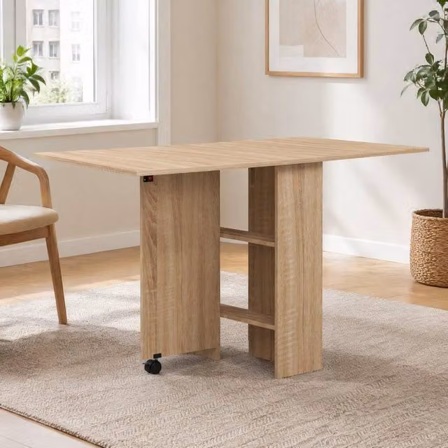 STILVORA Modern Rectangular Dining Table with Folding Top and Castors in Light Oak and Beige