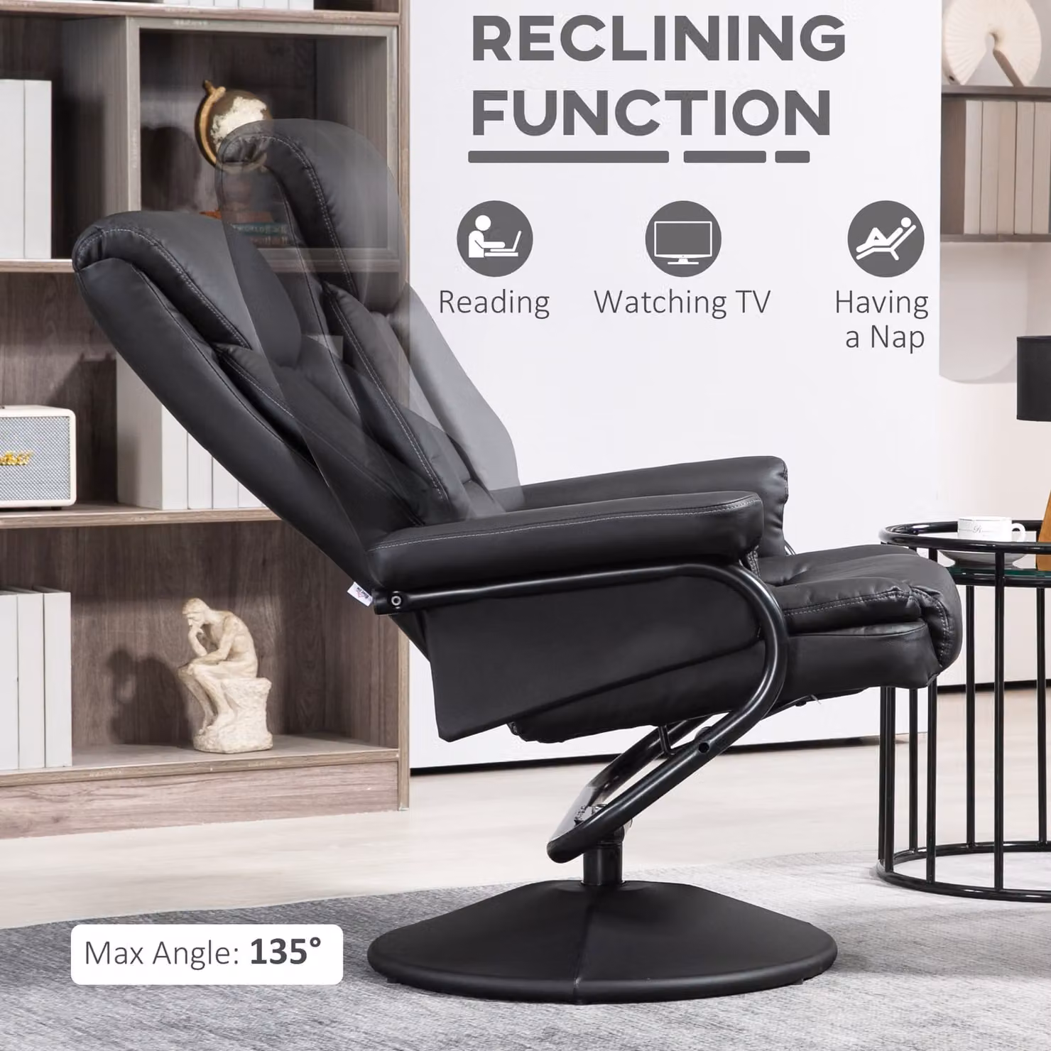 HOMCOM Black PU Leather Swivel Recliner Chair with Ottoman and Steel Base – 4