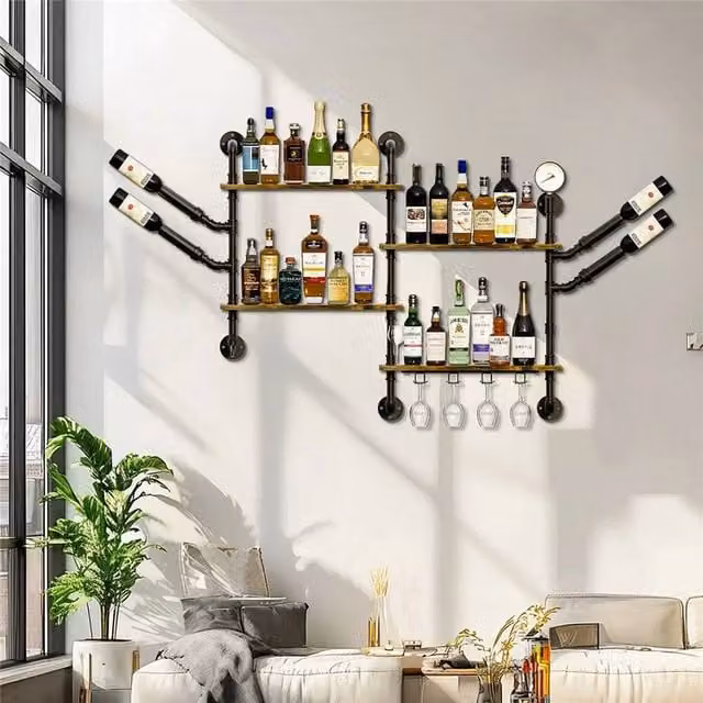 ERGOVEXA Industrial Wall Mounted Wine Rack and Floating Glass Shelf in Multicolour