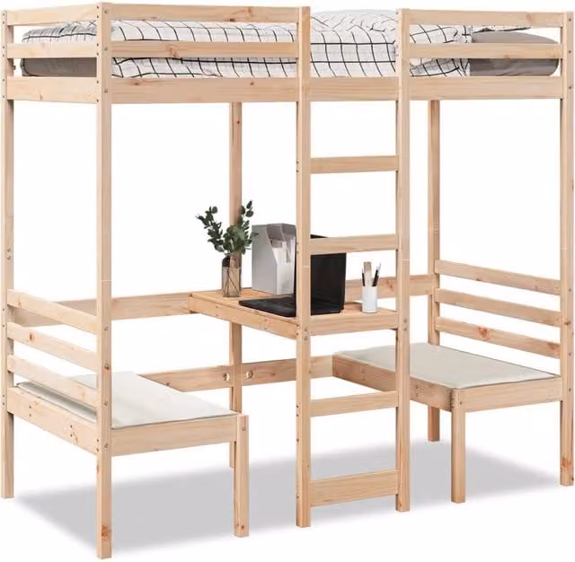 Berkfield Home Loft Bed Frame with Desk and Chairs, Solid Pine Wood, Brown, W/D/H: 80 x 200 cm