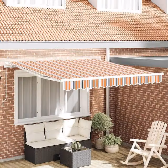 Berkfield Home Manual Retractable Wall-Mounted Awning in Orange, Blue and Beige Multicolour Stripe, W: 300 cm, D: 250 cm – 1