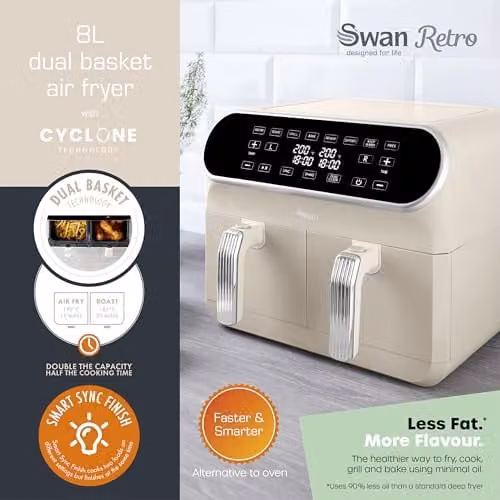 Swan SD10519C Retro Dual Basket Air Fryer with Swan Cyclone Technology, LED Display, 8 Pre-Set Cooking Options, Adjustable Temperature, 8L, 1700W, Beige – 2