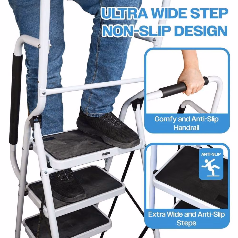 NESTLUNE 4 Step Folding Ladder with Dual Handrails in White, W: 100 cm, D: 40 cm – 2