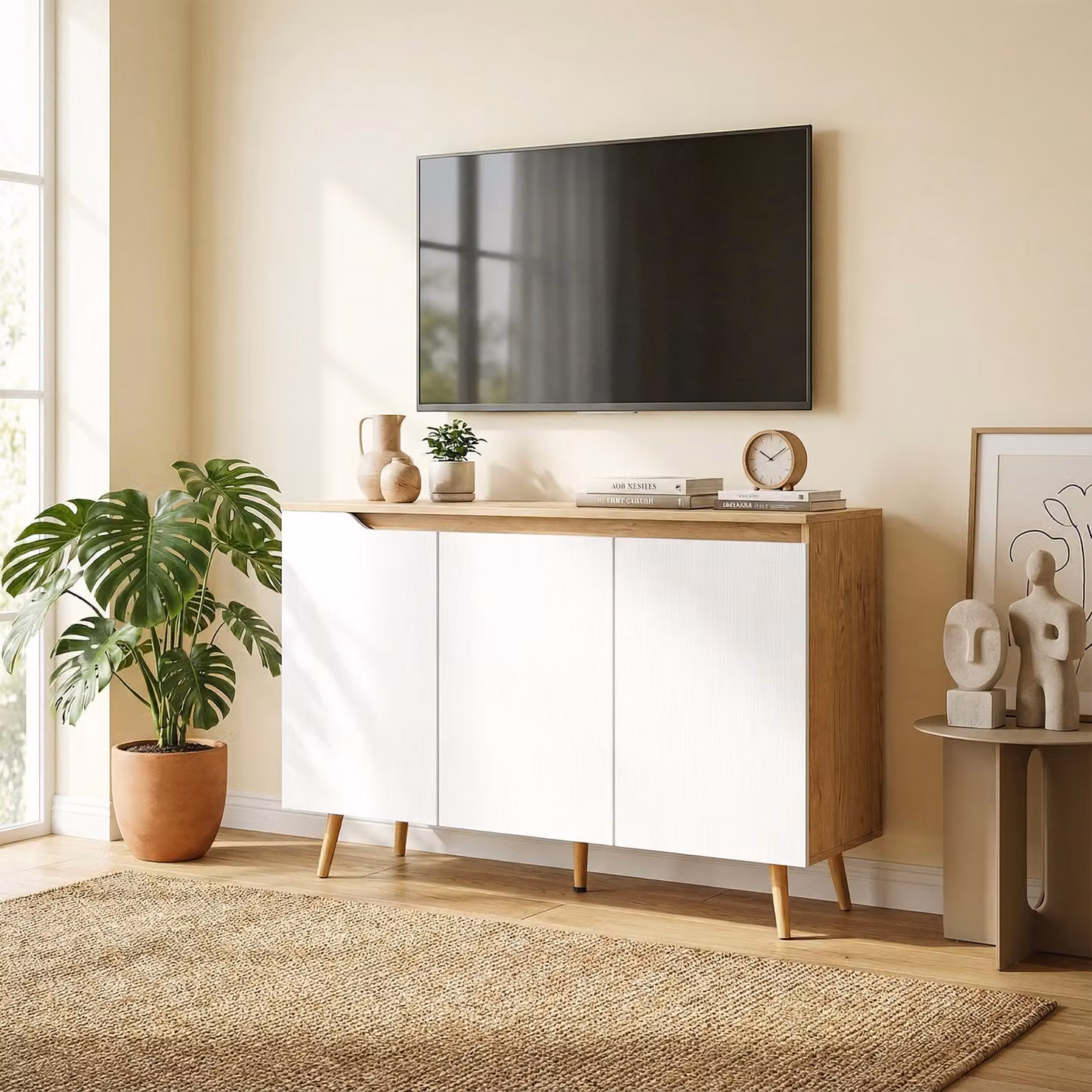 HOMCOM Sideboard Storage Cabinet in White and Oak with 3 Doors, 2 Adjustable Shelves and 5 Rubberwood Legs – 4