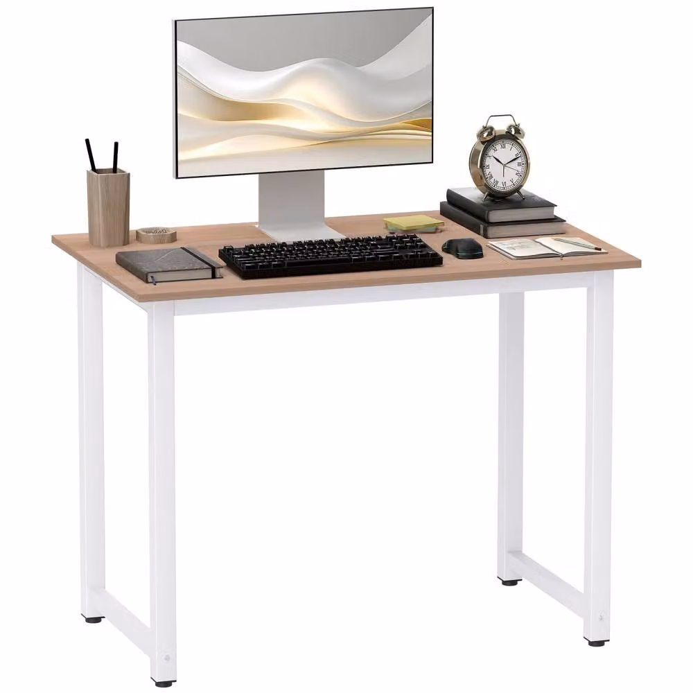 Wyld Haus Raha Writing Desk with Light Oak Melamine Top and White Metal Legs, W: 100 cm, D: 60 cm, H: 76 cm – 2