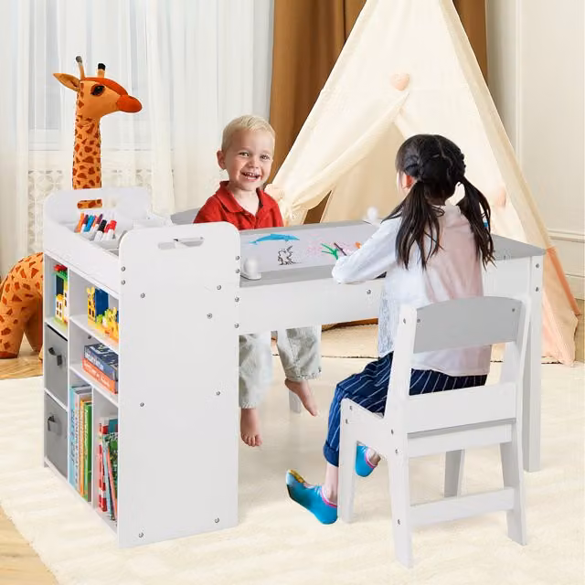 COSTWAY Kids Art Table and Chairs Set in Grey and White
