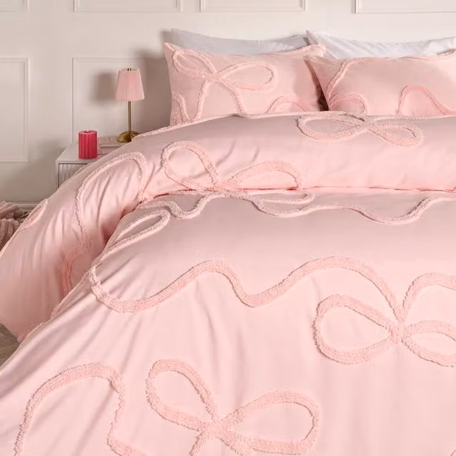 OHS Pink Tufted Bow Bedding Set with Duvet Cover and Pillowcase, King Size (180 x 200 cm)