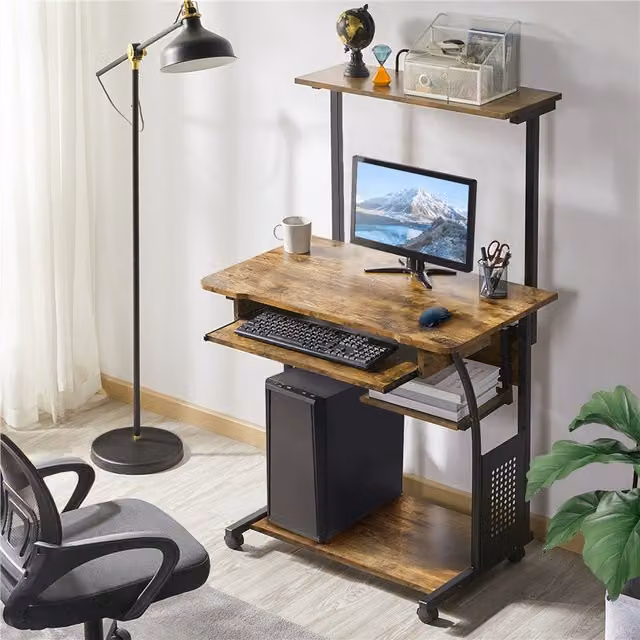 Yaheetech 3-Tier Rolling Computer Desk with Shelf in Rustic Brown and Black
