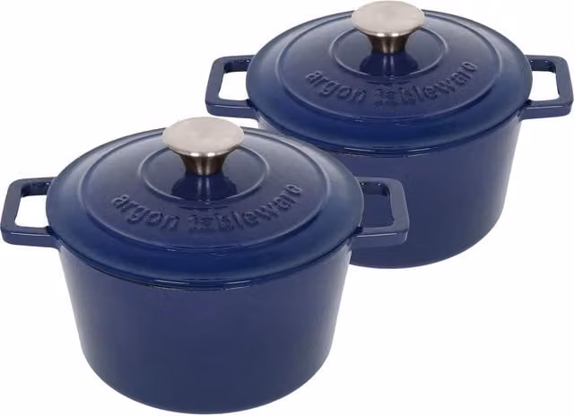 Argon Tableware 2x Round Cast Iron Casserole Dishes with Self Basting Lid, Blue, 2.8L – 1