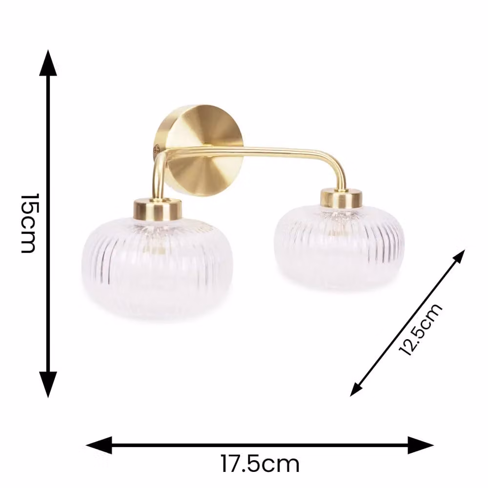 ValueLights Amaia Pair of Gold Metal and Transparent Ribbed Glass Up and Down Wall Lights, IP44 Rated – 2