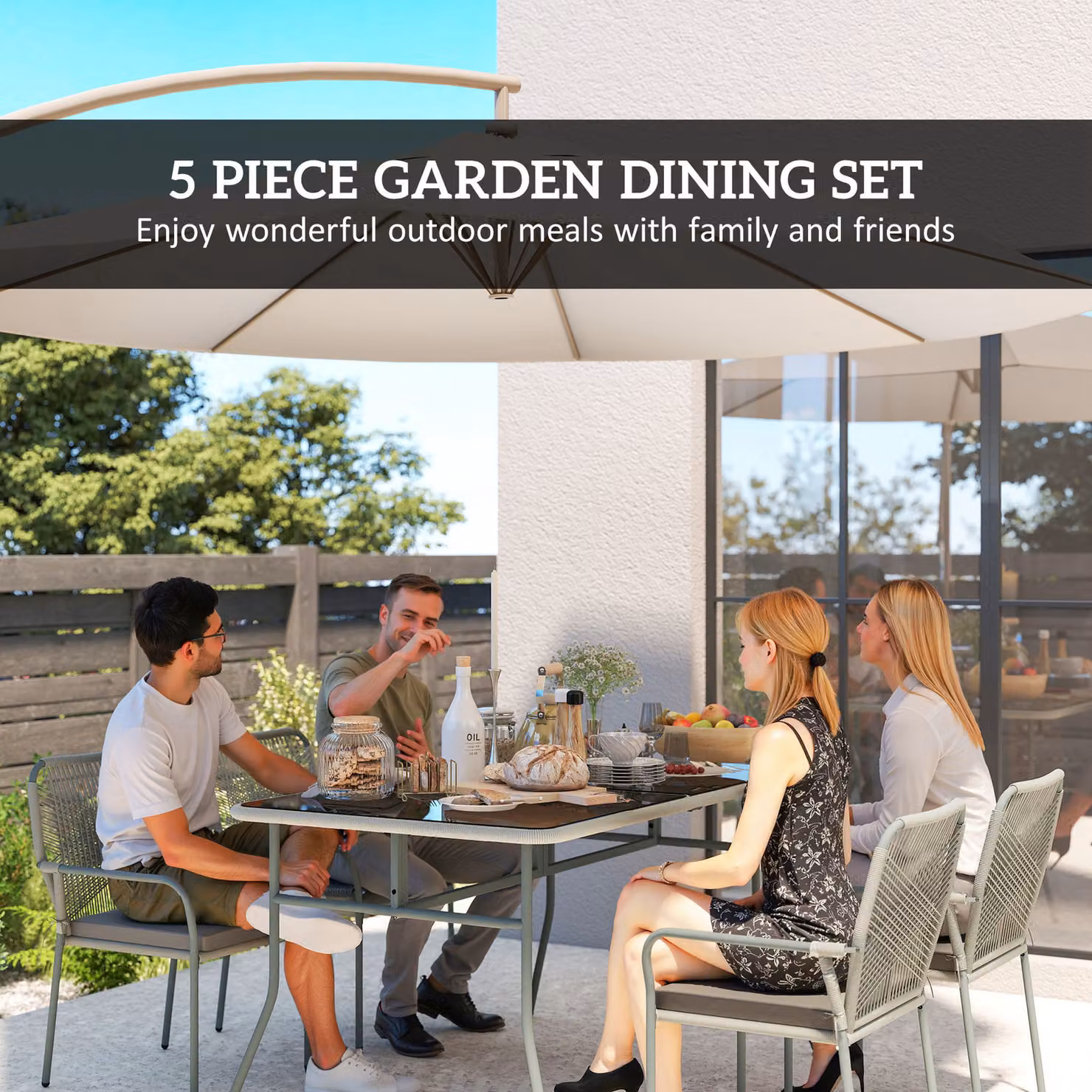 Outsunny Five-Piece Modern PE Rattan Garden Dining Set with Glass Table and Stackable Chairs in Light Grey – 3