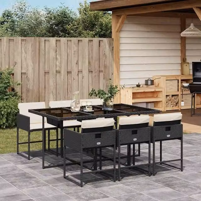Berkfield Home Modern Polyrattan Garden Dining Set with Glass Tabletop in Black and White – 1