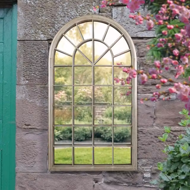 MirrorOutlet Capulet Large Arched Rustic Garden Wall Mirror in Beige and Yellow, W/H: 129 x 76 cm