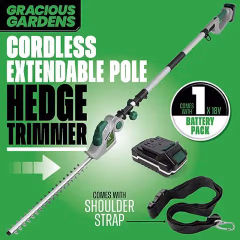 Gracious Gardens 18V 2.4m Telescopic Cordless Reciprocating Hedge Trimmer and Long Reach Pole Cutter in Green with Battery and Charger – 2