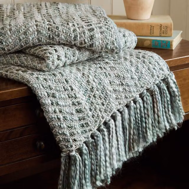 Laura Ashley Liberton Geometric Throw with Fringes, Sage Green, W: 130 cm, D: 170 cm