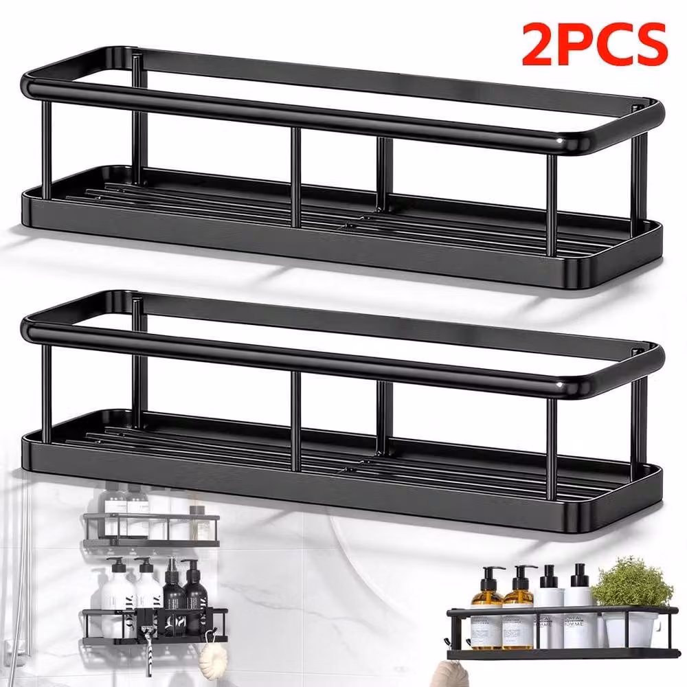 FORGEVIO 2 Piece Wall Mounted Metal Shower, Bathroom and Kitchen Storage Rack Caddy in Black, W: 180 cm, H: 180 cm – 6
