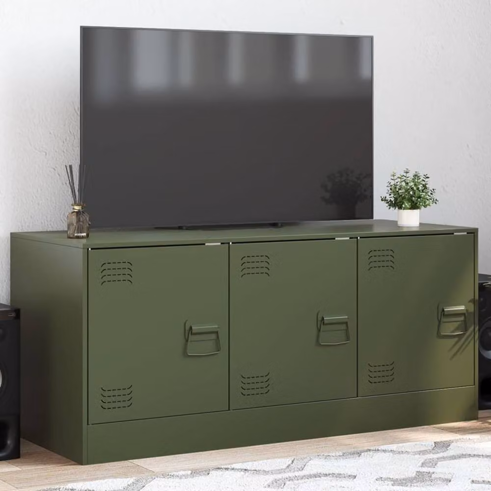Berkfield Home Industrial Metal TV Cabinet in Matt Olive Green, W/D/H: 99 x 39 x 44 cm – 2