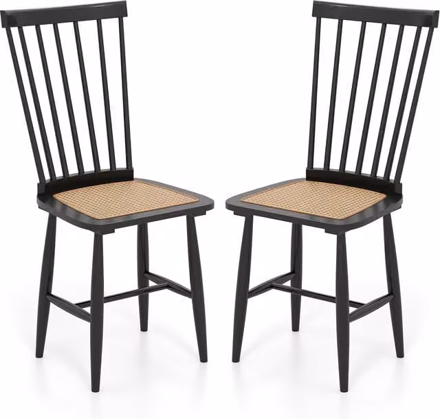 Costway Set of 2 Windsor Dining Chairs in Black with Rattan and Rubberwood